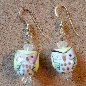 Hand Made Yellow Ceramic Owl Earrings
